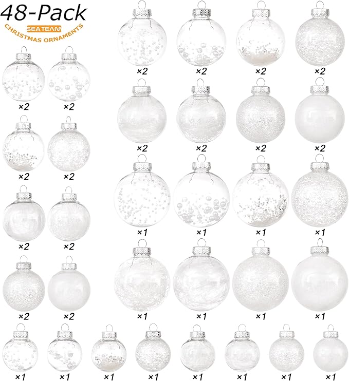 Sea Team Multi-Size Shatterproof Clear Plastic Christmas Tree Ball Ornaments Set, Decorative Hanging Transparent Xmas Baubles with Stuffed Delicate Decorations (48 Counts, White)