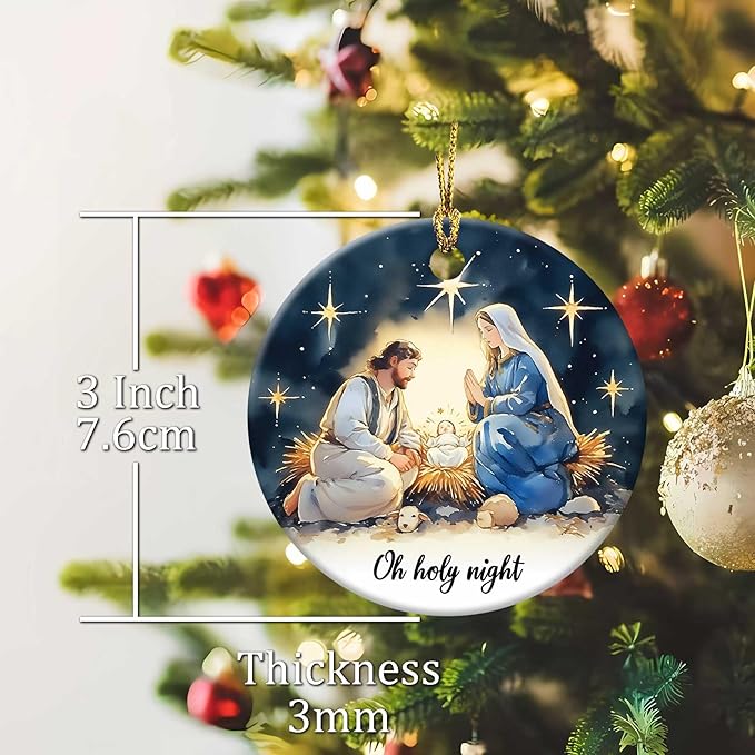 Oh Holy Night Ornaments Round Ceramic Birth of Jesus Mary Joseph Christ Ornament Christmas Keepsake Decor for Christmas Tree Winter Holiday Xmas Gift for Women Men Xmas Hanging Ornament 3"