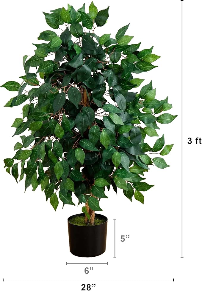 Nearly Natural 3ft Triple Trunk Artificial Ficus Tree with Natural Wood Trunks, Fake Tree for Indoor Home Decor, Faux Ficus Tree with Black Nursery Pot