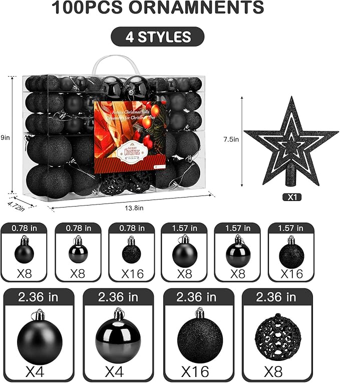 Aitsite 100 Pack Christmas Tree Ornaments Set Mini Shatterproof Holiday Ornaments Balls for Christmas Decorations (Black)