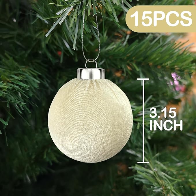 Beige Velvet Christmas Ball Ornaments for Tree 15 PCS, Large Neutral Flocked Christmas Bulbs Ornaments Set 3.15 Inch, Shatterproof Xmas Hanging Baubles Decorations (Beige)