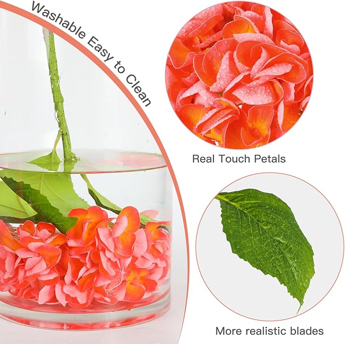 Nubry 22.44In Orange Hydrangea Artificial Flowers,4Pcs Latex Faux Real Touch Large Hydrangea Flowers with Long Stems & Leaves for Home Office Decor Wedding Party Arrangements(Orange)