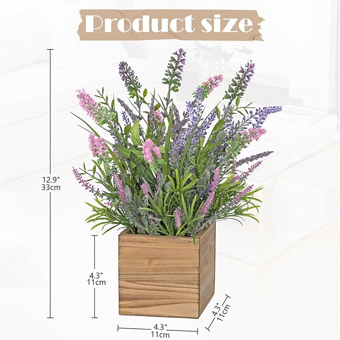 DILATATA Rustic Lavender Flowers Artificial Lavender Decor Fake Lavender Plant in Wooden Pot Faux Plants for Home Bathroom Table Centerpieces Wedding Decor Potted Lavender Flower Purple Decor
