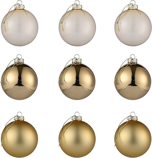 Gold Glass Christmas Ball Ornaments, 3.15" Christmas Hanging Ornament for Christmas Tree Set of 9 with 3 Different Finishes, Glass Christmas Baubles for Holiday Xmas Party Decorations Gift