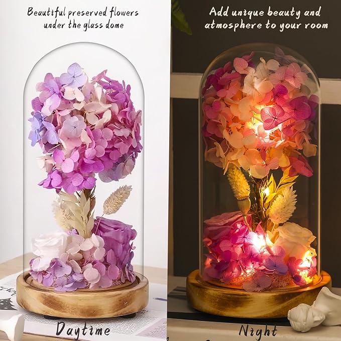 dranmoner Preserved Flower Glass Dome with LED Lights, Handmade Fantasy Purple Hydrangea and Roses Arrangement, Wood Base, for Mom Grandma Wife Friend Used as for Occasions Home Decor