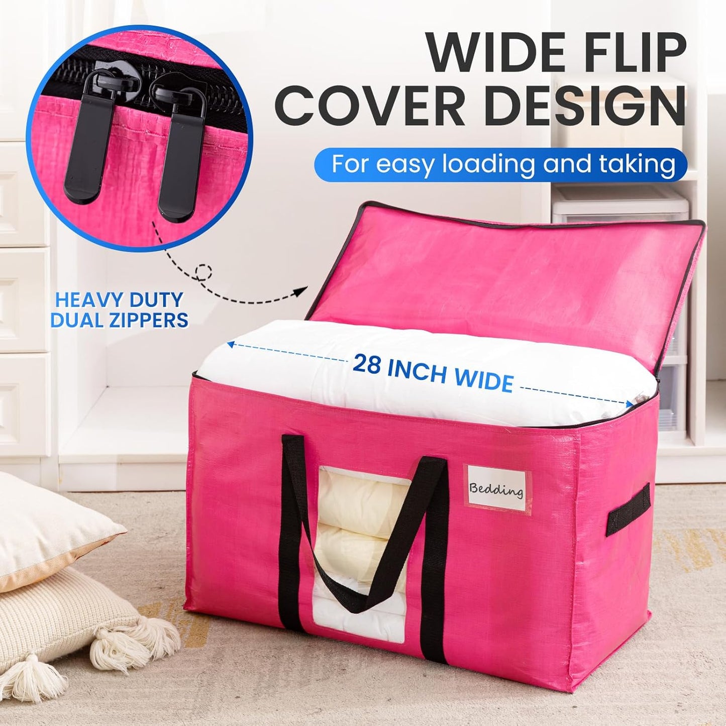 TAILI 4 Pack Pink Extra Large Moving Bags, Heavy Duty Totes with Visible Window, Wrap Around Handles, Great for Storage, Space-Saving