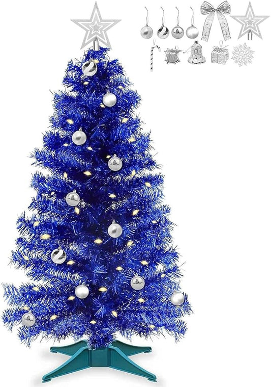 3 FT Artificial Small Christmas Tree Hanukkah Decor 50 Warm White & Multicolor Changing Lights Remote Control Timer 8 Modes DIY Ball Ornaments Christmas Tree for Tabletop,Home,Office,Indoor Holiday