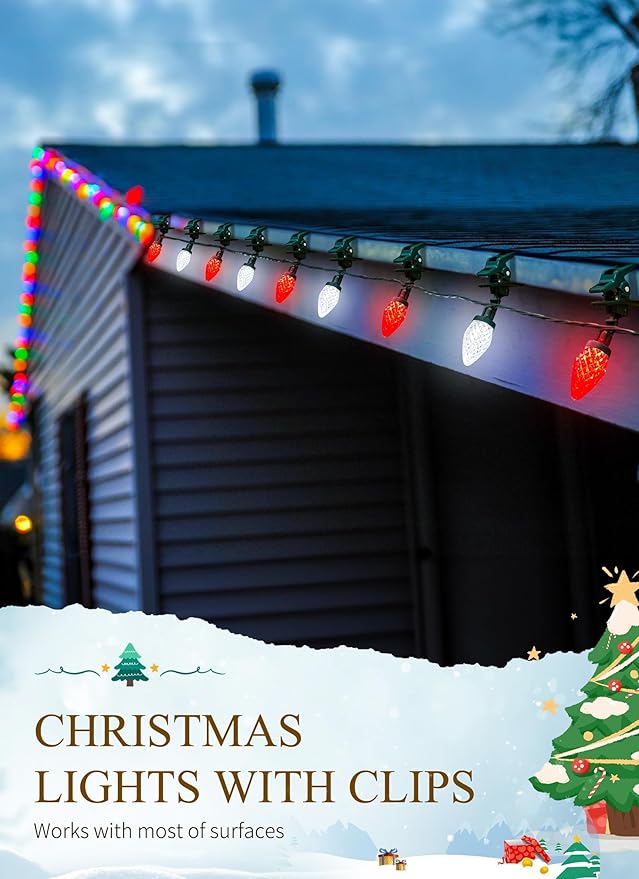 C9 LED Christmas Lights Outdoor, 68 Feet 100 LED C9 String Light with 100 Spring Clips, Waterproof Connectable Christmas Tree Lights for Outside Roofline Patio Home Xmas Decor, Red & Pure White