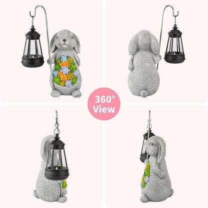 Solar Rabbit Garden Statue with Lantern – Waterproof Resin Outdoor Decor for Yard, Lawn, Patio, Garden – Gift for Easter, Christmas, Housewarming – Solar Garden Decor