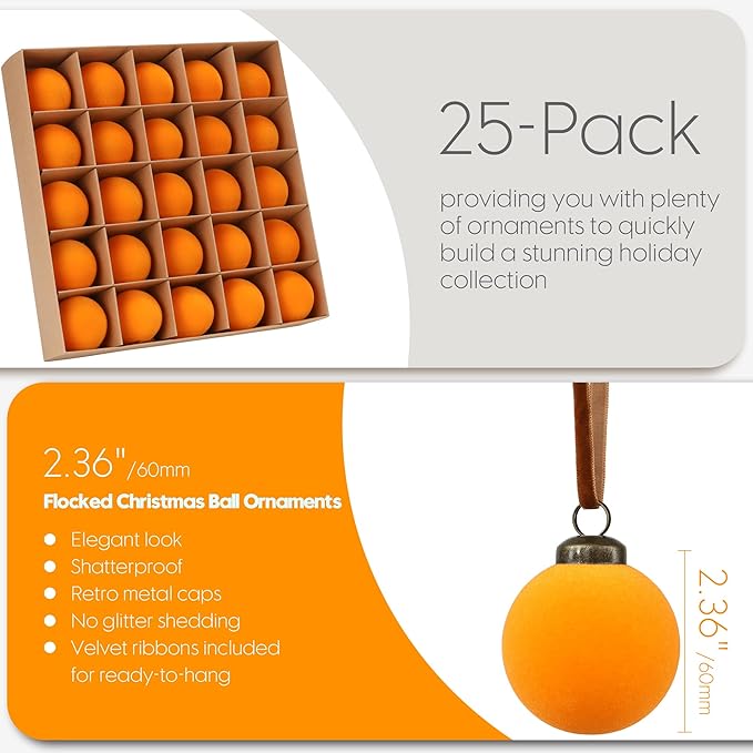 Sea Team 25-Pack Flocked Velvet Christmas Tree Ball Ornaments Set, Hanging Velour Baubles, Shatterproof Plastic Decorations for Xmas Tree, Wreath, Garland, 60mm/2.36 Inches, Orange