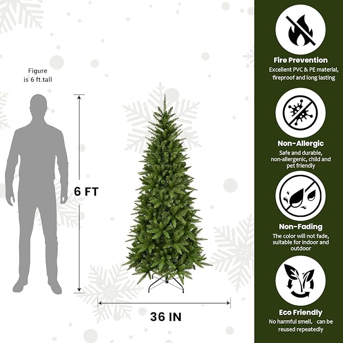 6ft Artificial Pencil Christmas Tree Hinged Realistic Slim Xmas Tree w/Sturdy Metal Stand, Fake Christmas Tree with 850 Tips for Home, Office, Party Decoration Indoor