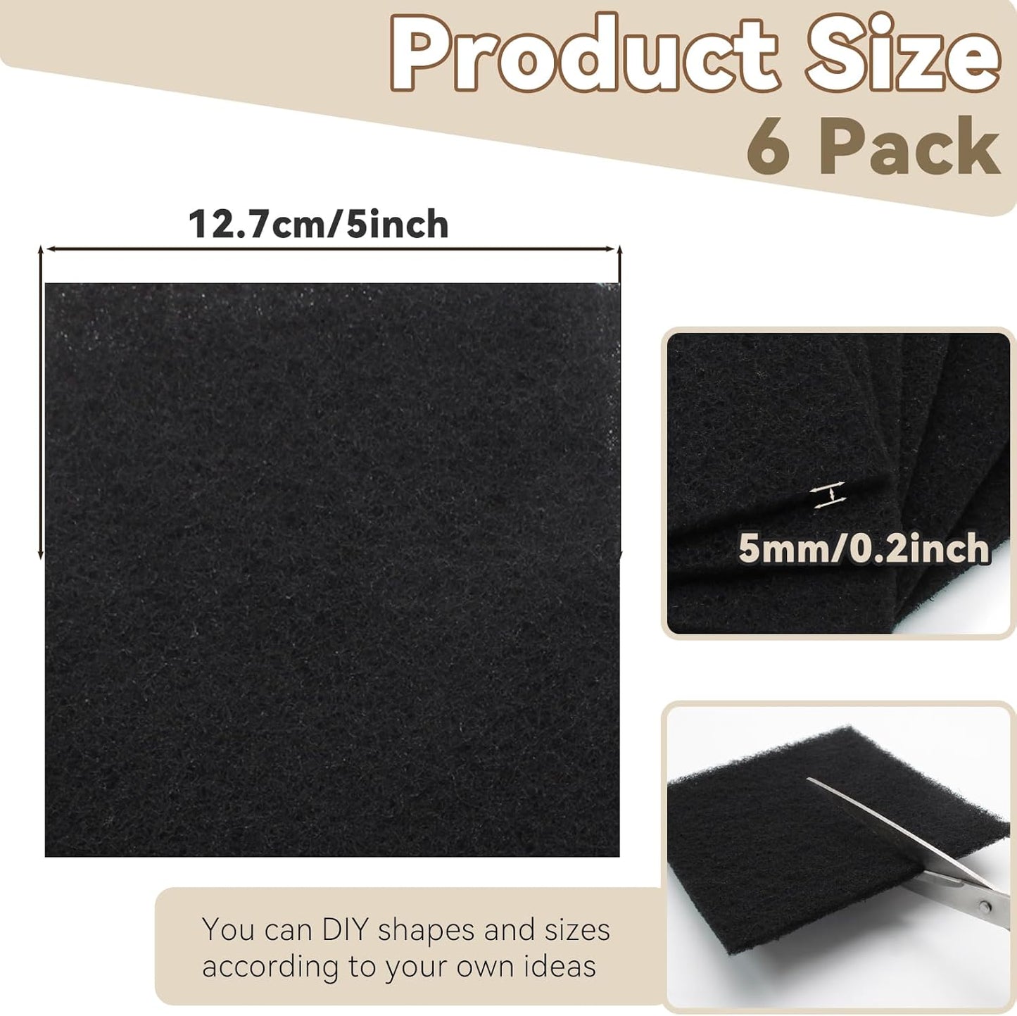 Biaungdo 6 Pack 5 Inch Sqaure Charcoal Filter Replacements, Black Kitchen Compost Bin Filters for Countertop Square Carbon Filter Bin Pail Replacement