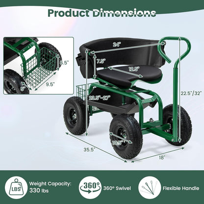 Goplus Garden Seat with Wheels, Rolling Gardening Stool with Adjustable 360° Swivel Seat, Tool Tray & Storage Basket, Extendable Handle, Outdoor Gardening Scooter, Garden Cart Workseat for Seniors