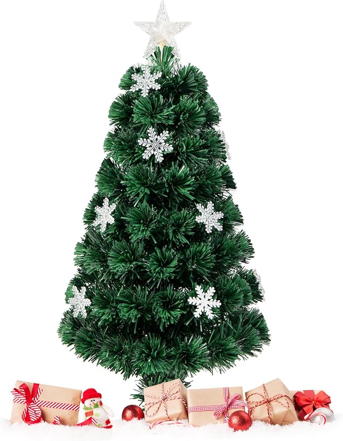 Goplus 3ft Pre-Lit Fiber Optic Christmas Tree for Tabletop, Small Mini Artificial Xmas Full Tree with Colorful Snowflake LED Lights, 85 Branch Tips, for Office Home Holiday Decor