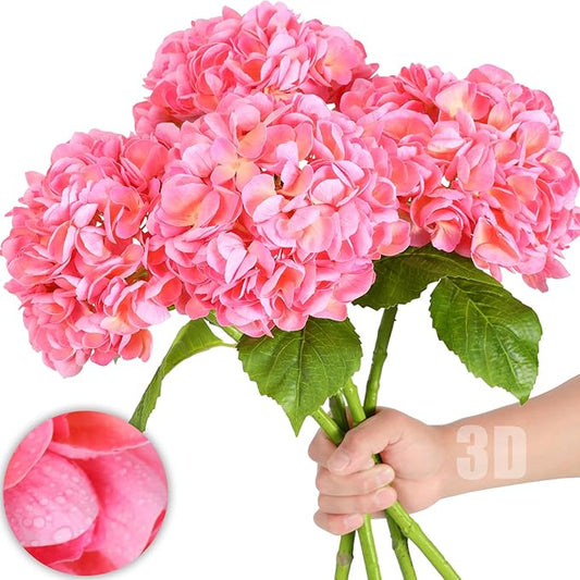 Nubry 22.44In Pink Hydrangea Artificial Flowers,4Pcs Latex Faux Real Touch Large Hydrangea Flowers with Long Stems & Leaves for Home Office Decor Wedding Party Arrangements(Pink)