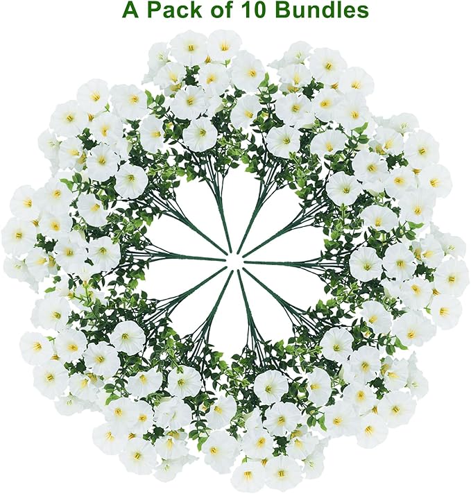 10 Bundles Artificial Flowers for Outdoor,UV Resistant Fake Petunia Flowers,Faux Plants for Outside Hanging Planters,Artificial Plants for Indoor Porch Garden Home Wedding Decor(White)