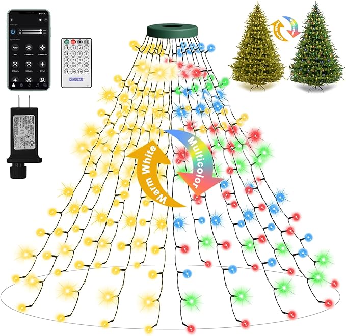 Smart Christmas Tree Lights with Ring,6.6ft 16 Lines String Light,400 LED Fairy Light,APP Control Music Sync LED Lights for 4-10ft Indoor and Outdoor Christmas Tree Decoration(Warm White & Multicolor)