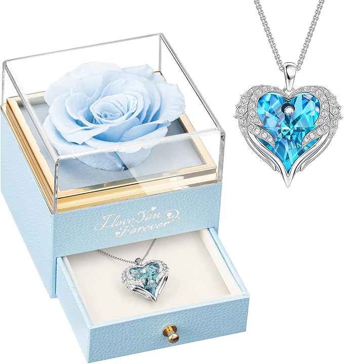 NEWNOVE Preserved Real Light Blue Rose with Angle Wings Necklace, Anniversary Birthday Gifts for Women Wife Girlfriend Mom Gift Ideas for Christmas Mothers Day Valentines Day, I Love You Gifts for Her