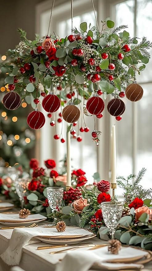 24PCS Velvet Christmas Ball Ornaments Set, 2.36" Shatterproof Baubles for Christmas Tree Decorations, Gold-Lined Hanging Baubles with Velvet Finish for Thanksgiving Holiday Party Décor, Multicolour