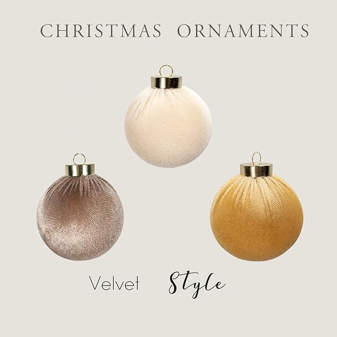 12PCS Velvet Christmas Ornaments Set – 4 Inch Large Flocked Shatterproof Baubles for Xmas Tree Decoration, Hanging Ornaments for Holiday & Home Décor (Gold, Brown, White, 4 Inch / 10 cm)