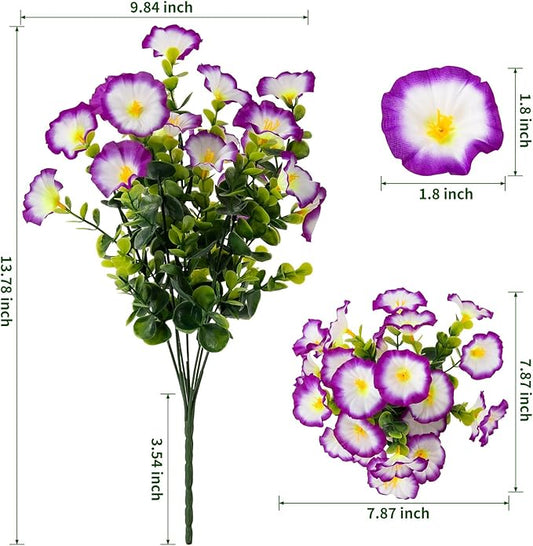 Lnoicy Artificial Flowers for Outdoor 12 Bundles Eucalyptus Fake Flowers for Planter,UV Resistant Fake Morning Glory for Home/Porch/Garden Decoration（Purple/White）