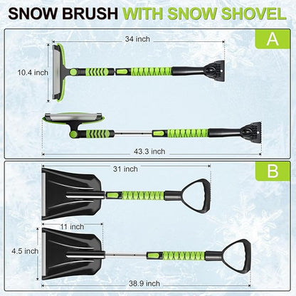 YOUGFIN 4 in 1 Ice Scraper & Snow Brush & Snow Shovel for Home Car, 43" Extendable Window Ice Removal with Squeegee for Windshield, Heavy Duty Snow Cleaner with Foam Grip & 180° Rotating Head for Auto