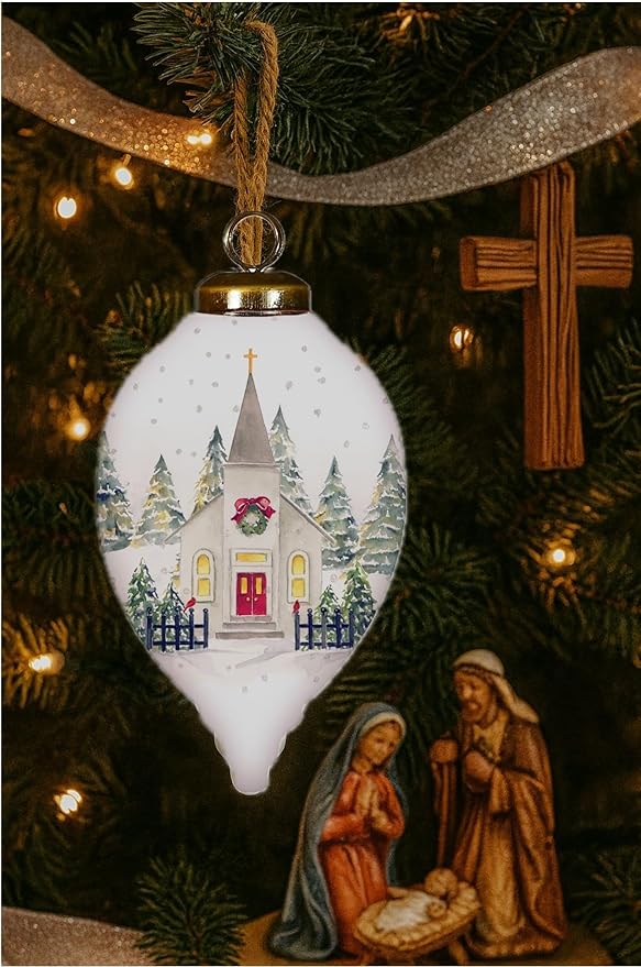 Church Christmas Ornament – Hand-Painted Glass Collectible with Snowy Chapel & Winter Trees – Reverse Painted Church Ornament for Christmas Tree, Holiday Village Décor with Gift Box
