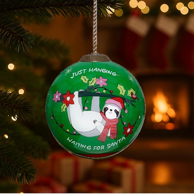 Sloth Christmas Ornament – Hand-Painted Glass Sloth Ornament for Christmas Tree–Sloth Christmas Decorations – Fun Sloth Gift for Women