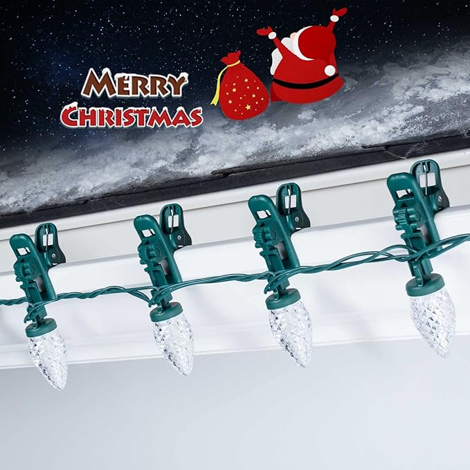 C9 LED Christmas Lights Outdoor, 68 Feet 100 LED Strawberry String Lights with 100 Spring Clamps, Waterproof Commercial Grade Extendable for Outside Roofline Patio Home Xmas Decoration, Pure White