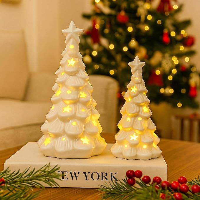 White Ceramic Christmas Trees with Lights, 2Pcs Light Up Table Top Porcelain Christmas Tree, Tabletop Mini Xmas Tree Figurines for Modern Home Decoration