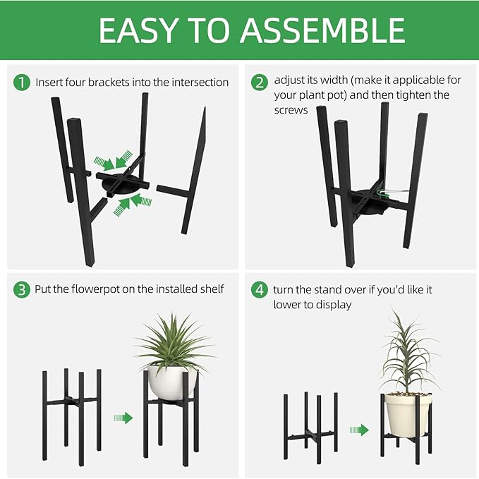 Adjustable Metal Plant Stand Indoor, Mid Century Modern Outdoor Planter Holder for 9 to 15 Inch Pots, Heavy Duty 160 LB Load, Corner Floor Stand for Home Garden Decor Black with Round Plate