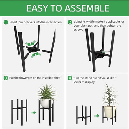 Adjustable Metal Plant Stand Indoor, Mid Century Modern Outdoor Planter Holder for 9 to 15 Inch Pots, Heavy Duty 160 LB Load, Corner Floor Stand for Home Garden Decor Black with Round Plate