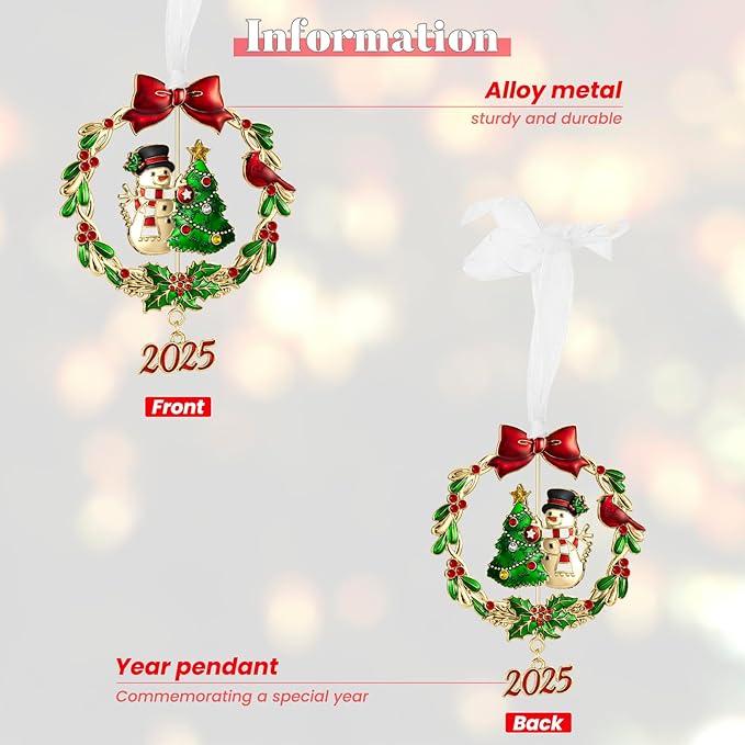 2025 Snowman Christmas Tree Ornament Metal Silver Hanging Rotatable Design Charm Holiday Decorative Pendant Gift Keepsake (Bow,Golden)