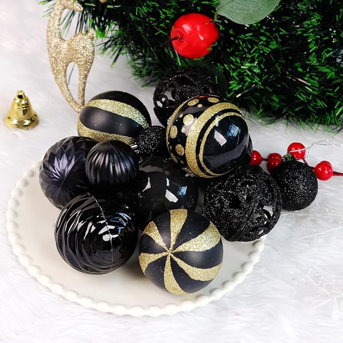 100PCS Christmas Ball Ornaments, Assorted Shatterproof Christmas Tree Decorations, Seasonal Decorative Hanging Baubles Decor Set for Xmas/Holiday/Party, Glitter&Painting Ornament Set (Black Gold)