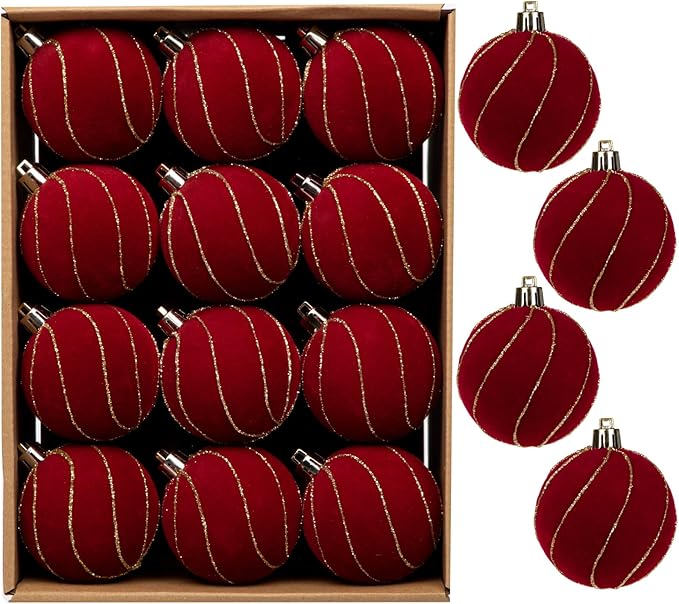 24PCS Velvet Christmas Ball Ornaments Set, 2.36" Shatterproof Baubles for Christmas Tree Decorations, Gold-Lined Hanging Baubles with Velvet Finish for Thanksgiving Holiday Party Décor, Red