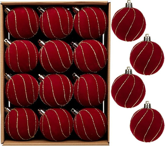 24PCS Velvet Christmas Ball Ornaments Set, 2.36" Shatterproof Baubles for Christmas Tree Decorations, Gold-Lined Hanging Baubles with Velvet Finish for Thanksgiving Holiday Party Décor, Red