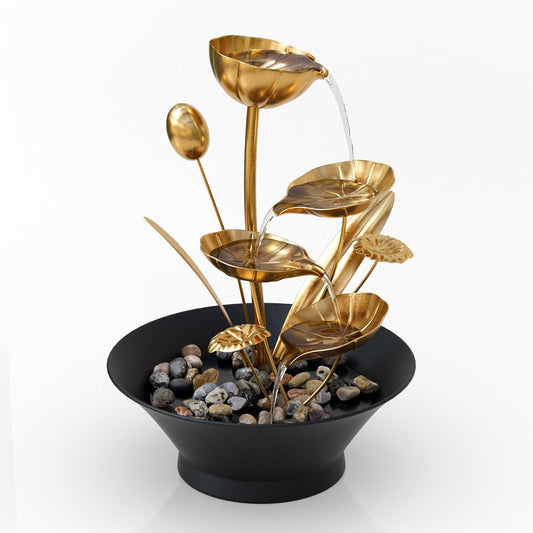 Tabletop Water Fountain, Indoor Waterfall Meditation Fountain with Golden Lotus Modeling & Natural Rocks, Home Decor for Office, Bedroom