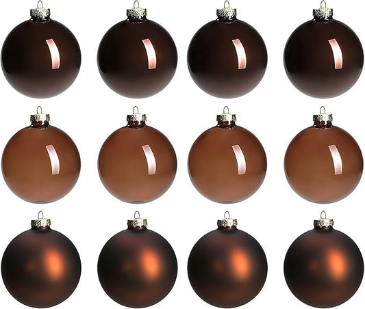 Brown Glass Christmas Ball Ornaments for Tree, 2.36” Christmas Hanging Ornaments Set of 12 Xmas Baubles for Holiday Party Xmas Tree Decorations Gifts