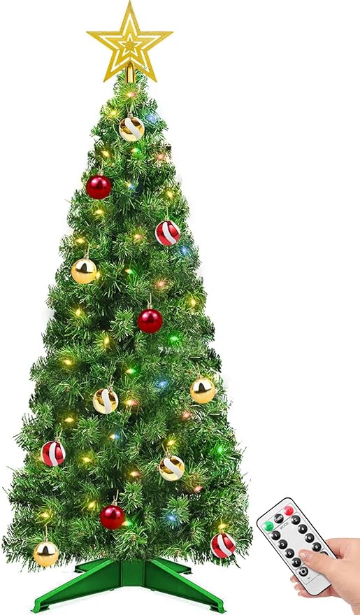 Remote 8 Mode & Timer 4 Ft Christmas Tree with 100 Warm White & Multi Color Change Lights 18 DIY Balls Ornaments 3D Star Battery Operated Small Xmas Tree Table Indoor Holiday Party Decor (Green)