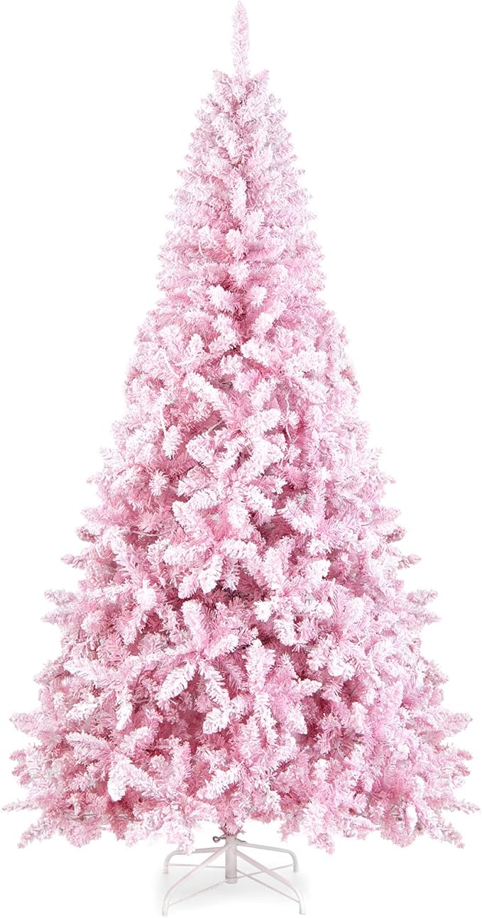 HAPPYGRILL 7.5FT Pre-Lit Pink Christmas Tree Snow Flocked Christmas Tree with 1100 Branch Tips, 450 Warm Lights, 8 Lighting Modes, Artificial Xmas Tree for Holiday Decor