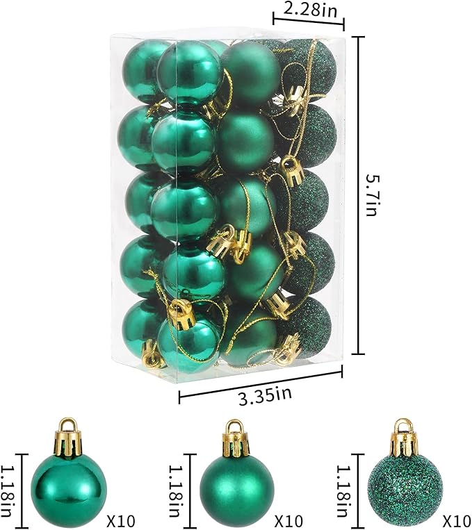 30ct Christmas Decorations Ball Ornaments, 1.18" Shatterproof Tree Decorations, Perfect Hanging Ball for Indoor/Outdoor St. Patrick's Day Holiday Party Decor (Deep Green)