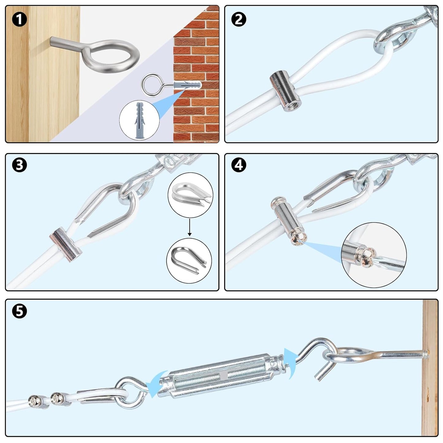 Turnbuckles for Cables Wire, 1/8" X 100Ft White PVC Coated Wire Rope Kit, Multi-use Steel Cable for Grape Vines/Clothes Line Outdoors for T Post/String Light Hanging/Garden Wire