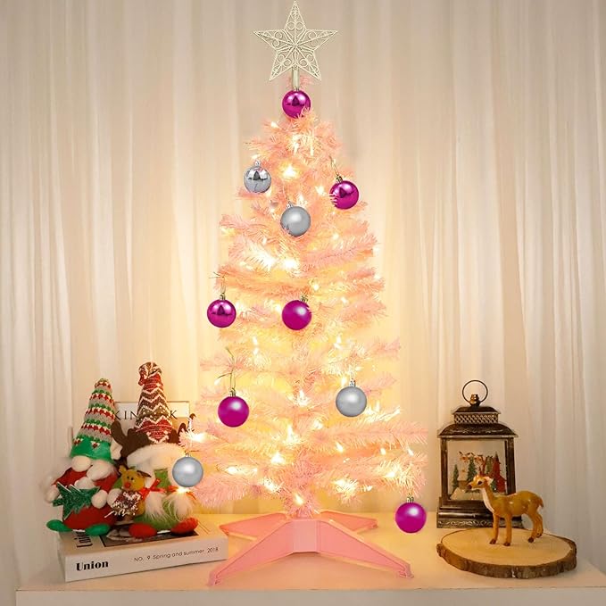 TURNMEON Remote Control 8 Modes 3 Ft Christmas Tree Warm Lights 15 DIY Ball Ornaments Star Battery Operated Artificial Pink Full Tree Timer Holiday Xmas Decoration Home Indoor Table Valentine's Day