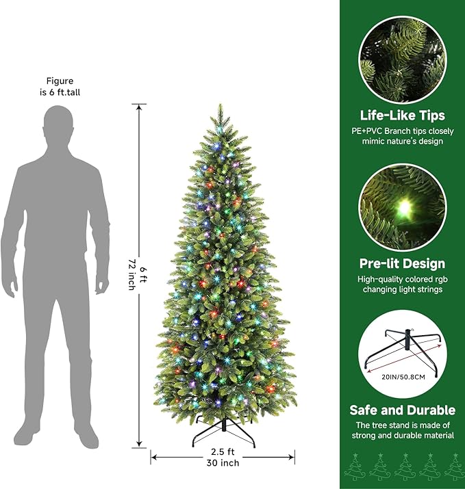 Alupssuc 6ft Prelit Artificial Hinged Pencil Christmas Tree with 300 Multi-Color Changing RGB Lights and 1600 PE & PVC Branch Tips, Remote Control 6 Feet Pre-Lit Slim Tree for Xmas Decoration, Green