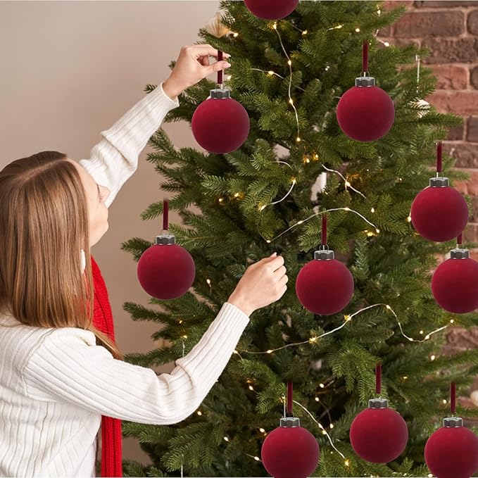 12 Pcs Velvet Christmas Balls Bulk Shatterproof Plastic Christmas Tree Decorations for Decorative Hanging Baubles (12, Wine red, 3.15Inch)