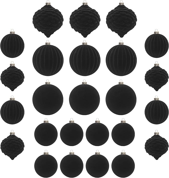 KI Store Black Velvet Christmas Balls 25pcs Flocked Christmas Tree Ornaments for Xmas Holiday Hanging Decor