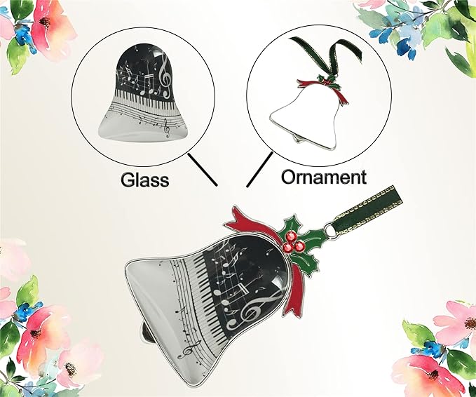 Christmas Ornament Bell Pendant Decorative Metal Glass Hanging Christmas Bell Ornaments for Home Decoration Party Decor A Piano Keys with Musical Notes
