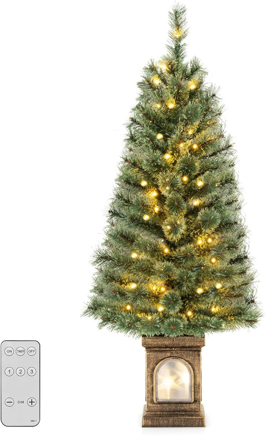 GOFLAME 4FT Pre-Lit Potted Christmas Tree, Artificial Entrance Xmas Tree with 100 LED Lights, 116 Branch Tips, Pine Needles, Timer, Holiday Decoration Tree with 3 Lighting Modes, 4 Brightness