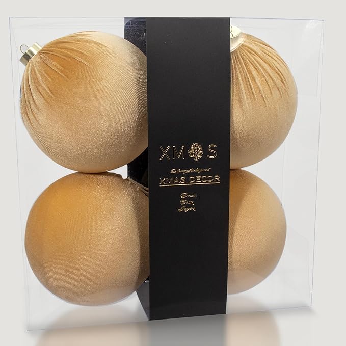 4PCS Gold Brown Velvet Christmas Ornaments Set – 6 Inch Large Flocked Shatterproof Baubles for Xmas Tree Decoration, Hanging Ornaments for Holiday & Home Décor (Gold, 6 Inch / 15 cm)