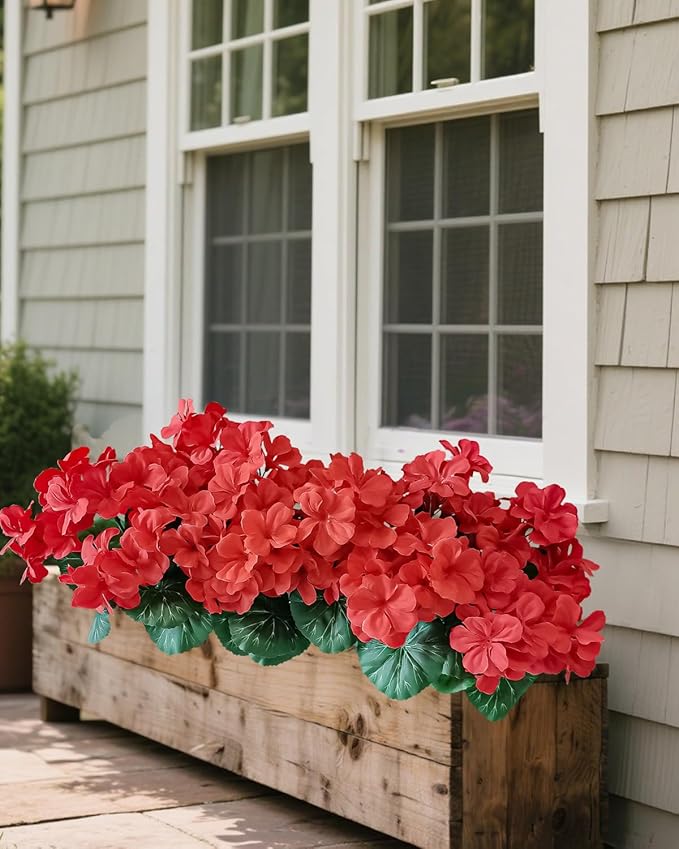 Outdoor UV-Resistant Red Silk Geranium Flowers (6 Bundles) - Realistic Artificial Faux Geranium Plants for Planter, Front Door, Porch, Yard, Patio, Window Box & Home Decor